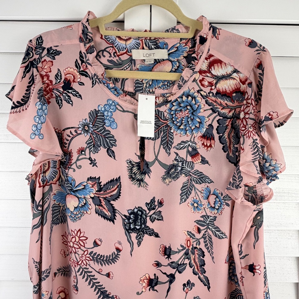 LOFT Blouse XXL Pink Floral Ruffle Sleeve Keyhole Neck NEW - Picture 2 of 15